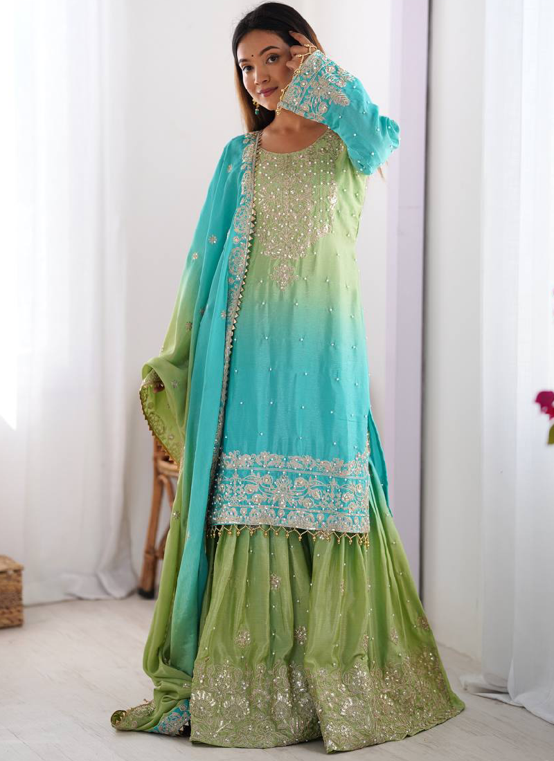 Chinon Silk Dori Work Sky Blue Top Bottom With Dupatta