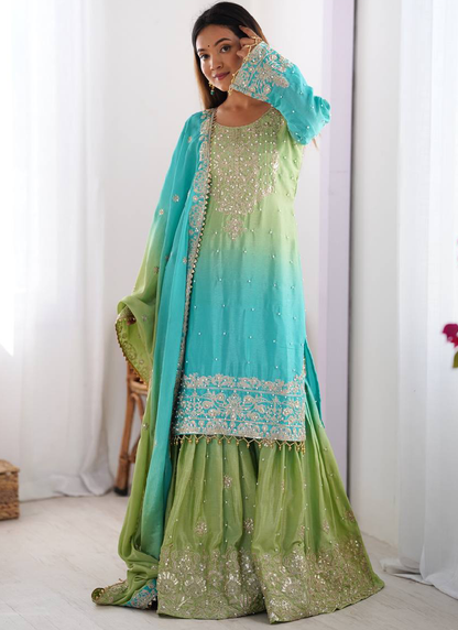 Chinon Silk Dori Work Sky Blue Top Bottom With Dupatta