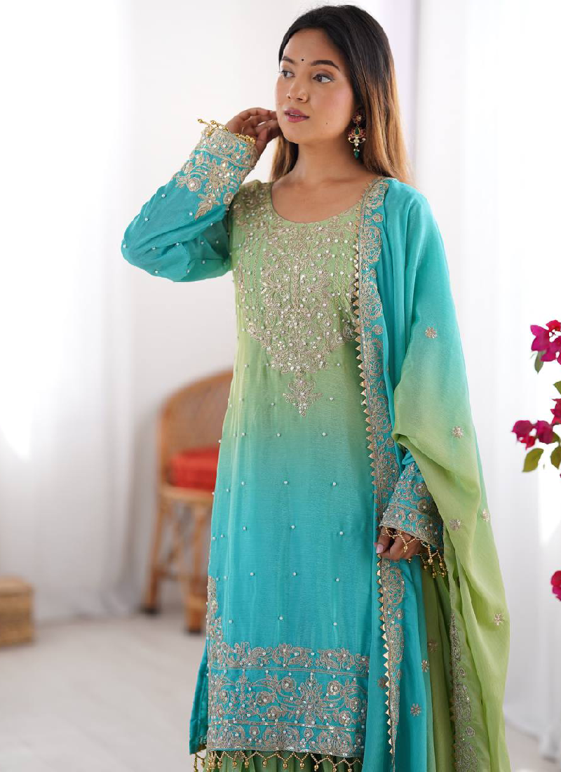 Chinon Silk Dori Work Sky Blue Top Bottom With Dupatta