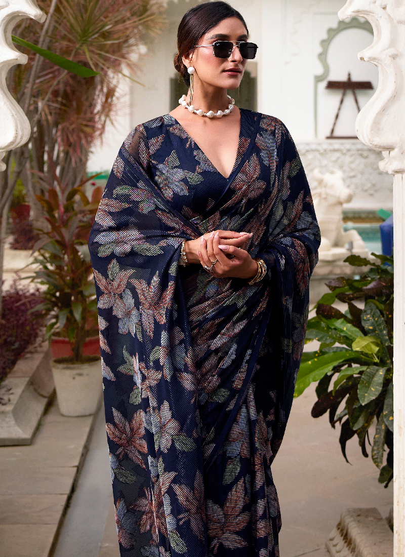 Floral Design Viscose Brasso Navy Blue Saree With Blouse