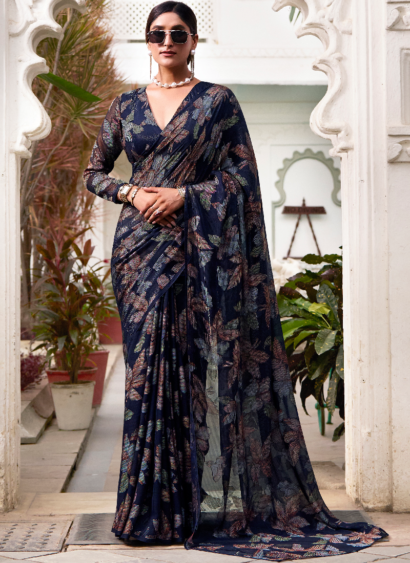 Floral Design Viscose Brasso Navy Blue Saree With Blouse
