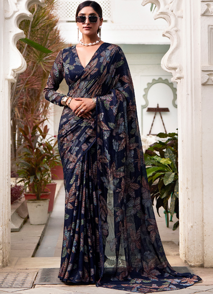 Floral Design Viscose Brasso Navy Blue Saree With Blouse