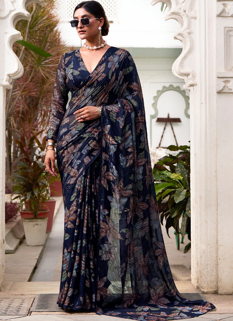 Floral Design Viscose Brasso Navy Blue Saree With Blouse