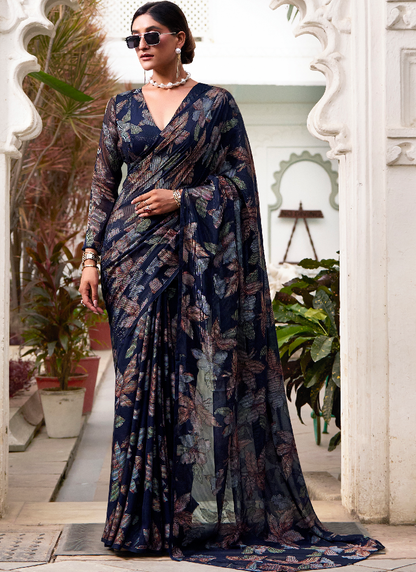 Floral Design Viscose Brasso Navy Blue Saree With Blouse