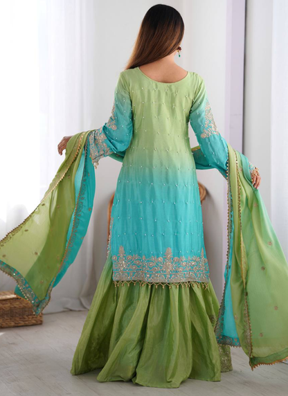 Chinon Silk Dori Work Sky Blue Top Bottom With Dupatta