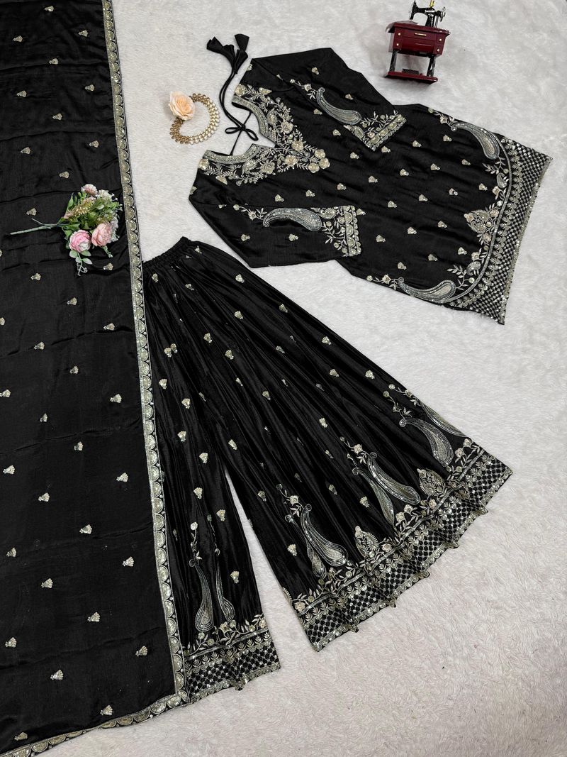 Black chinon silk thread with Sequence top & palazzo and dupatta