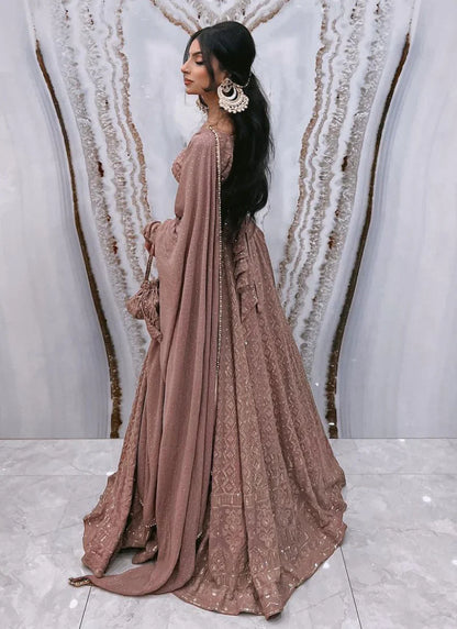 Georgette Lucknowi Sequence Work Brown Lehenga Choli
