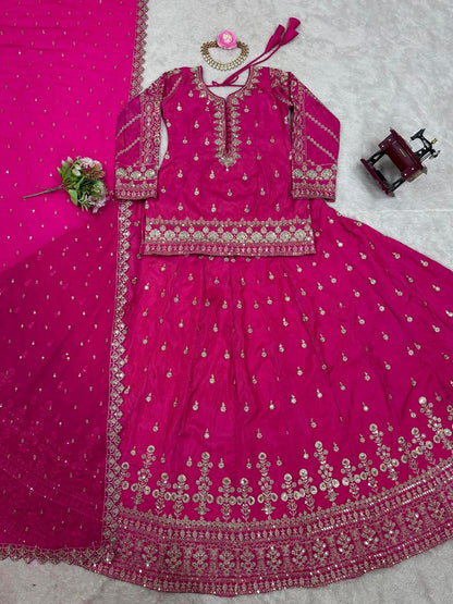 Rani silk thread with sequence embroidery work top lehenga with dupatta