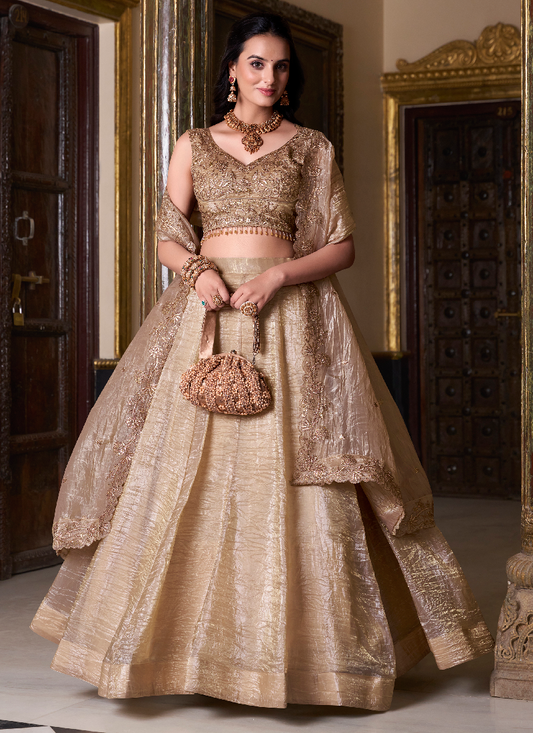 Golden Color Silk Lehenga With Zari Embroidered Work Blouse
