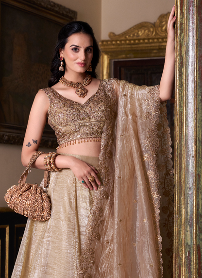 Golden Color Silk Lehenga With Zari Embroidered Work Blouse