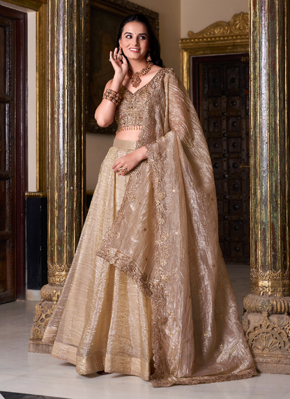 Golden Color Silk Lehenga With Zari Embroidered Work Blouse