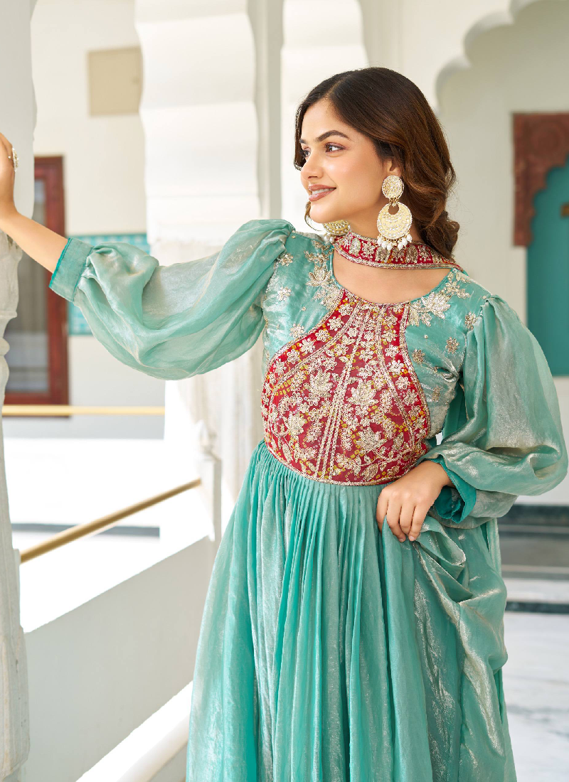 Occasion Wear Embroidered Green Silk Long Gown With Dupatta