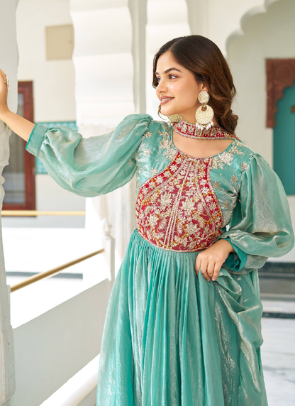 Occasion Wear Embroidered Green Silk Long Gown With Dupatta