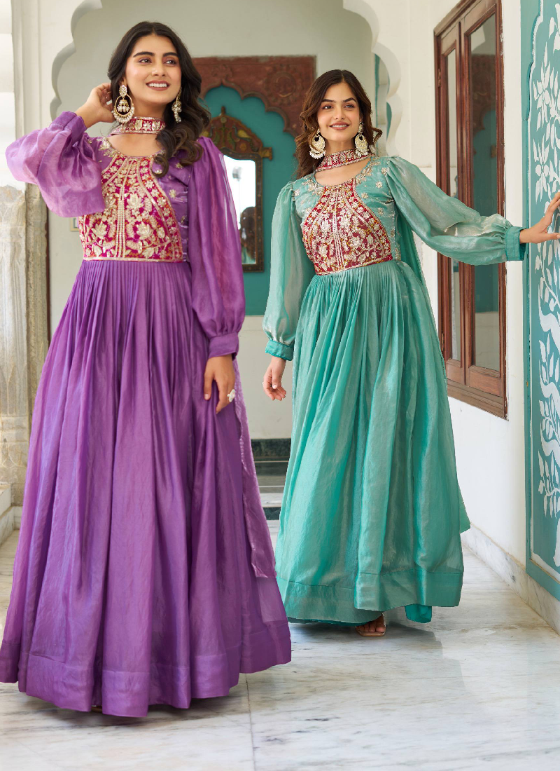 Occasion Wear Embroidered Green Silk Long Gown With Dupatta