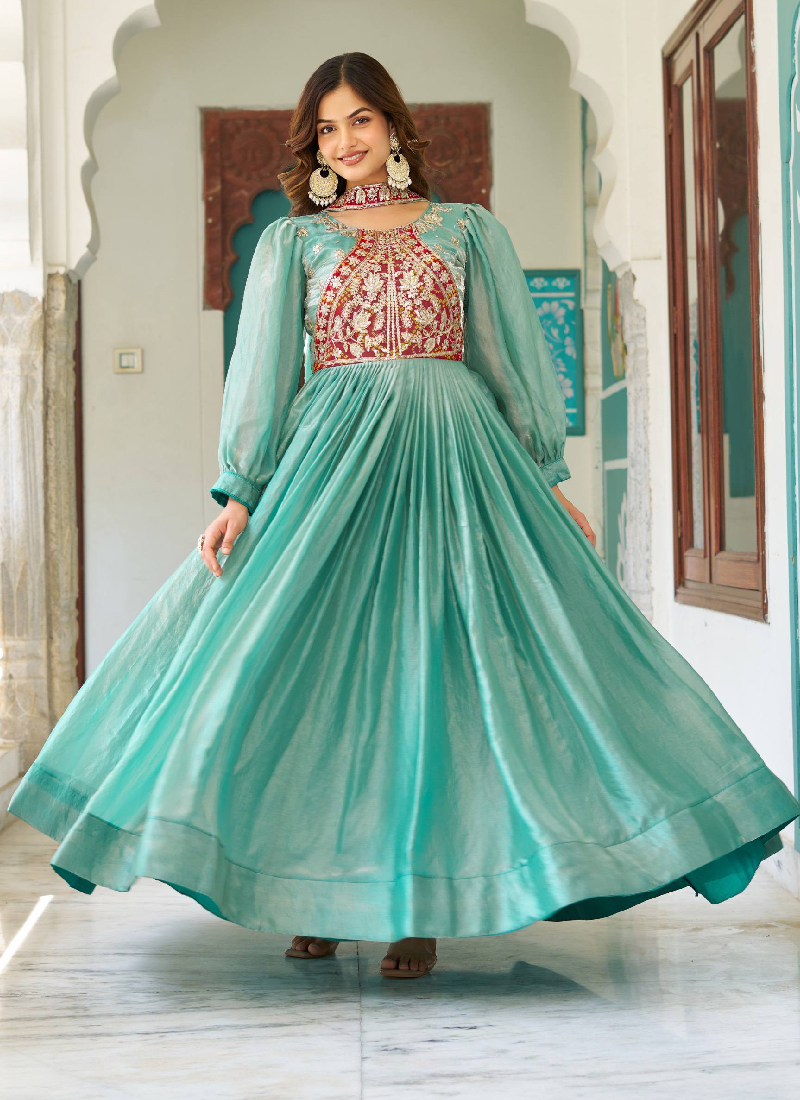 Occasion Wear Embroidered Green Silk Long Gown With Dupatta