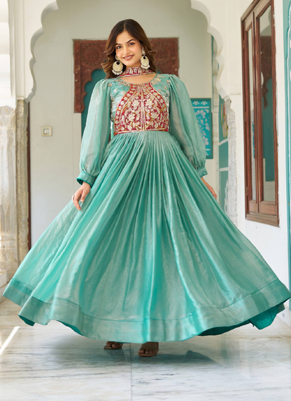 Occasion Wear Embroidered Green Silk Long Gown With Dupatta