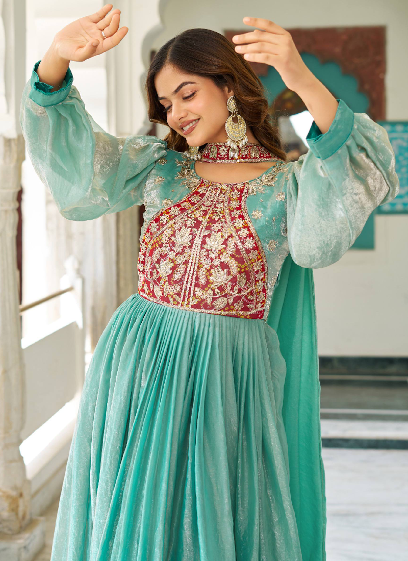 Occasion Wear Embroidered Green Silk Long Gown With Dupatta