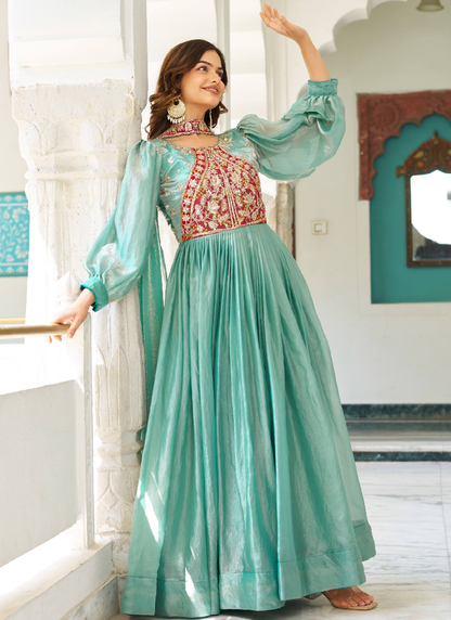 Occasion Wear Embroidered Green Silk Long Gown With Dupatta