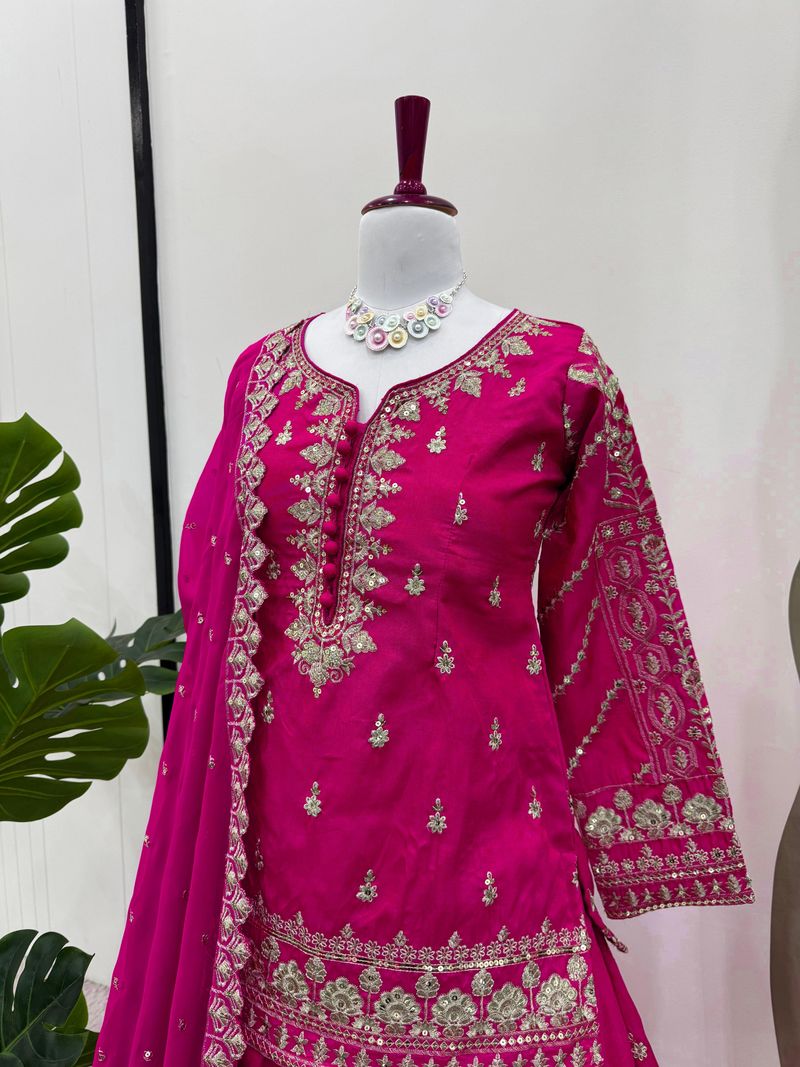 Rani silk thread with sequence embroidery work top lehenga with dupatta