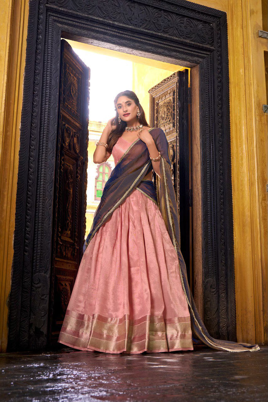 Light Pink Silk Lehenga Choli with Zari Weaving Work