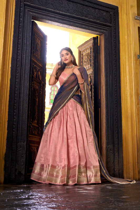 Light Pink Silk Lehenga Choli with Zari Weaving Work
