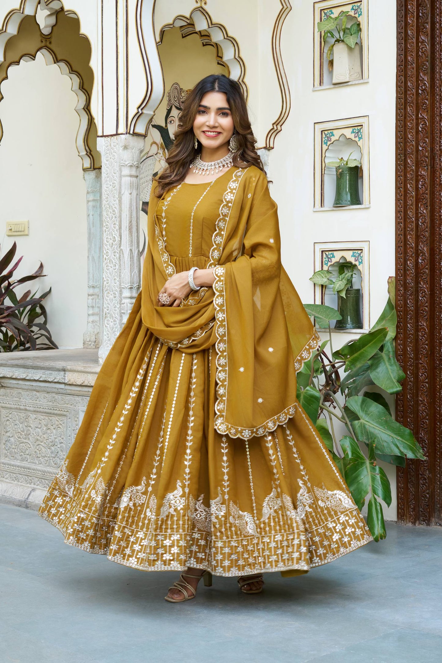 Anarkali Set with Dupatta in Mustard Yellow Color