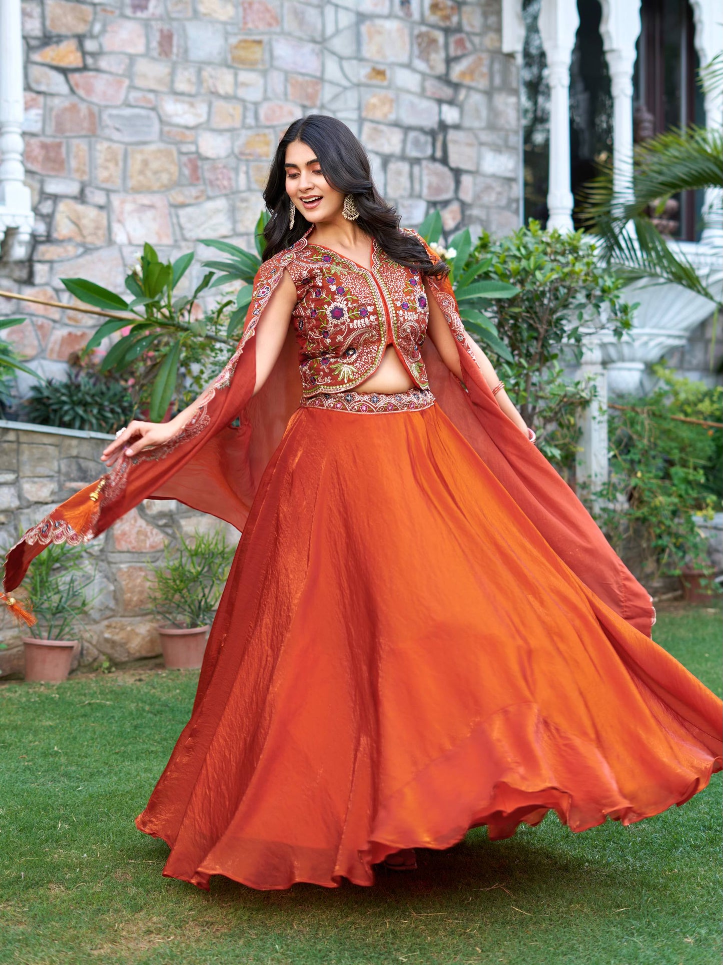 Rust Orange Silk Thread Work Lehenga Set
