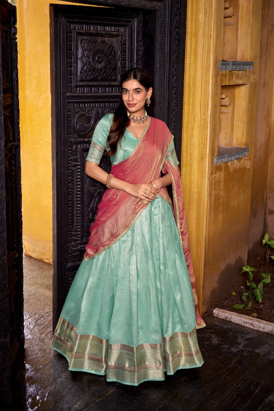 Powder Blue Zari Weaving Work Silk Lehenga Choli