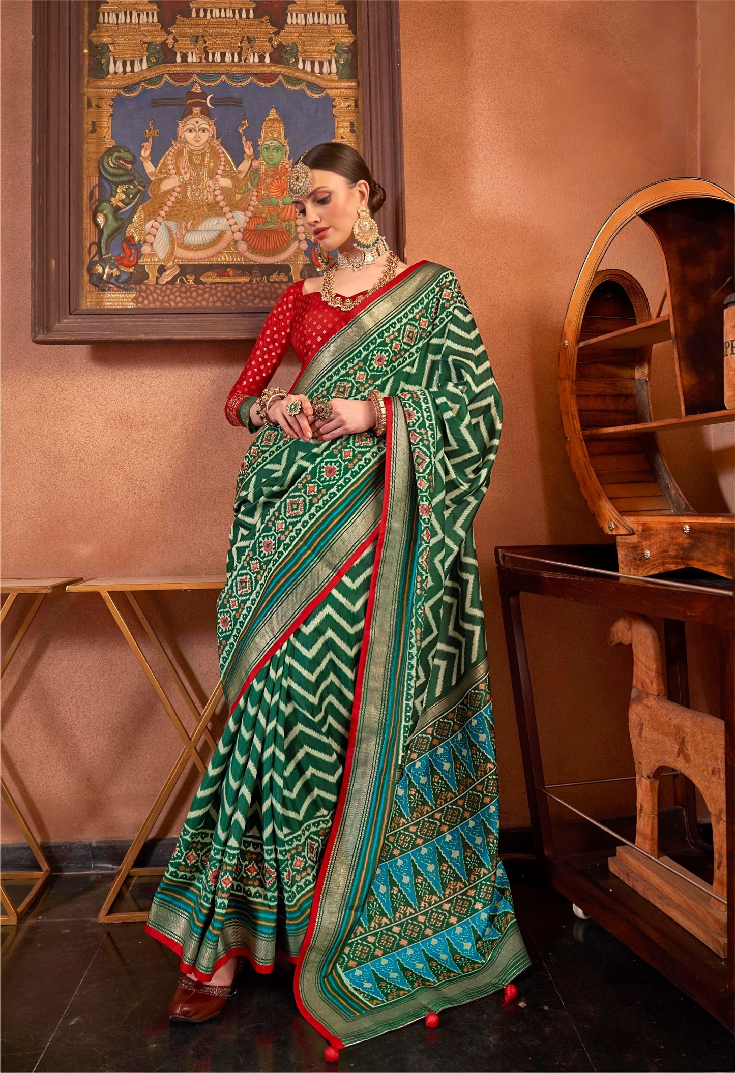 Ethnic Traditonal Patola Silk Saree in Green Color