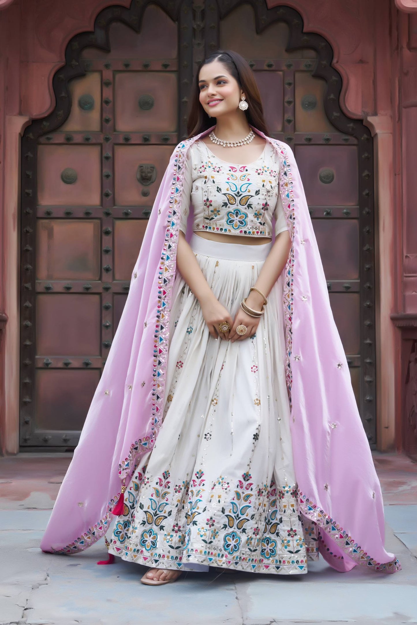 Festive Pure Tissue Silk Lehenga Choli with Light Pink Dupatta
