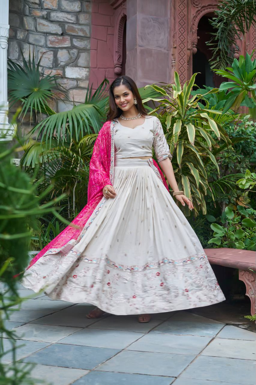 Heavy Embroidered Ivory Tissue Silk Lehenga with Pink Dupatta