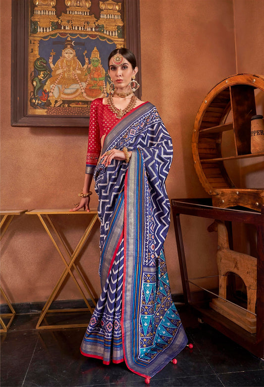 Blue Zari Border Premium Patola Silk Saree