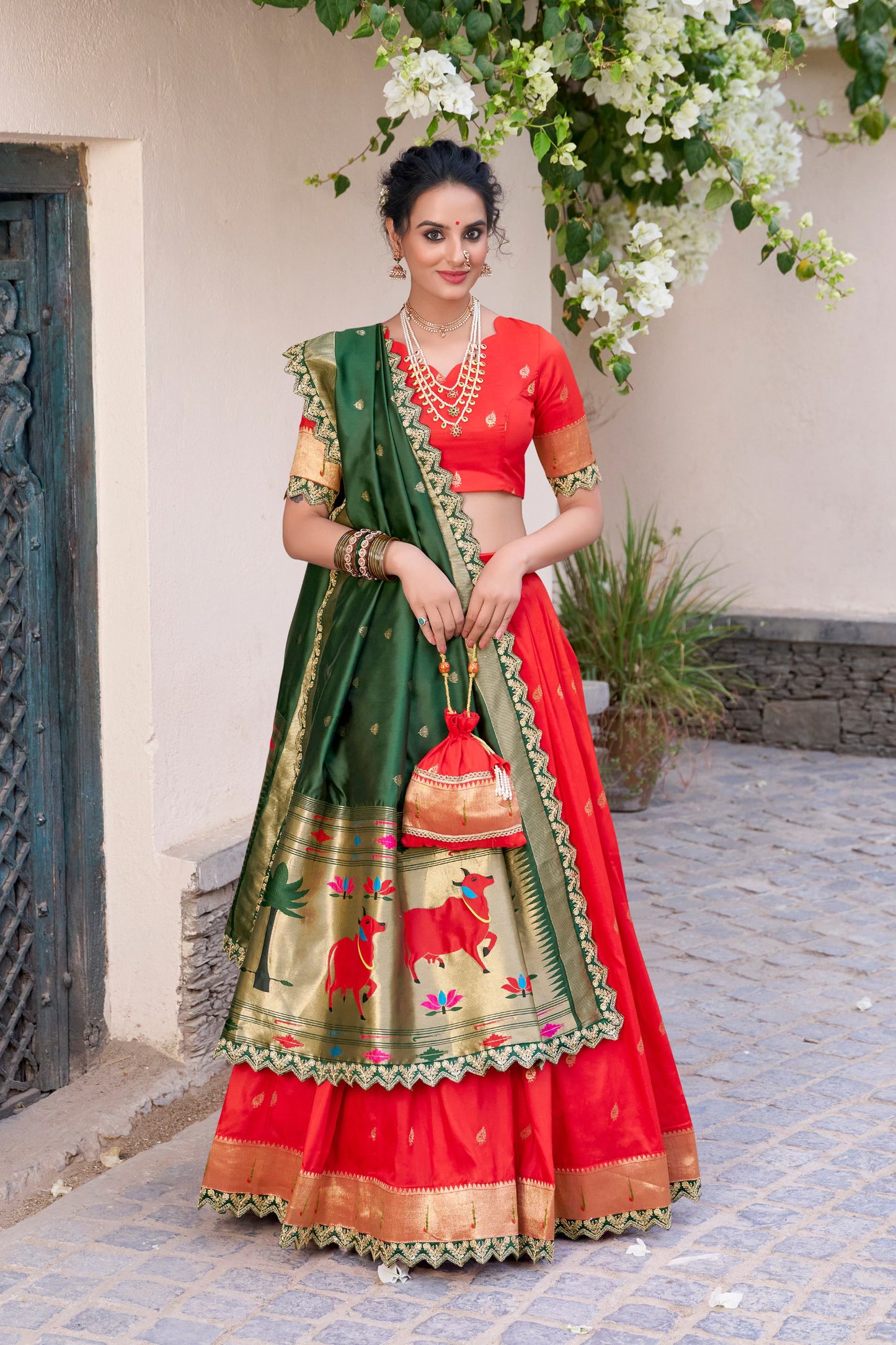 Stunning  Red Silk Paithani Lehenga Choli