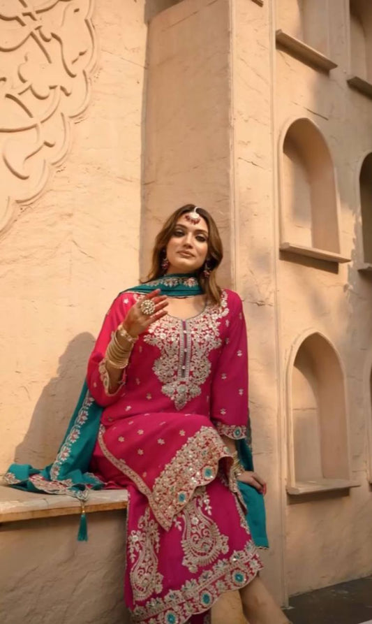 Bright Pink Festive Wear Top Palazzo & Dupatta Set