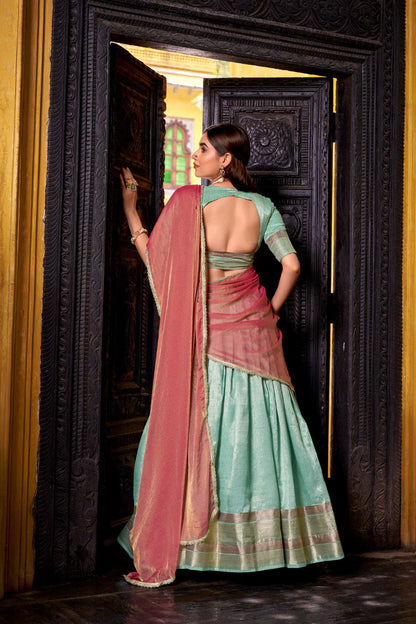 Powder Blue Zari Weaving Work Silk Lehenga Choli