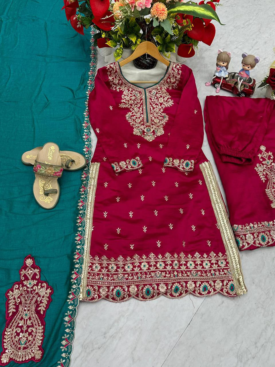 Bright Pink Festive Wear Top Palazzo & Dupatta Set