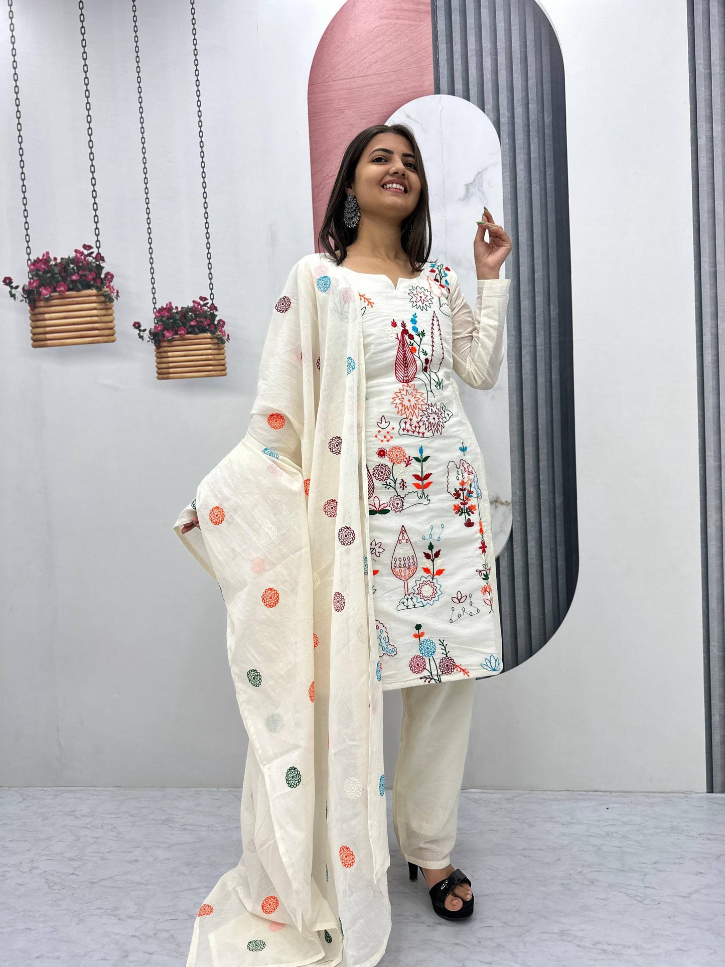 White Embroidered Party Wear Kurti Pant Pair