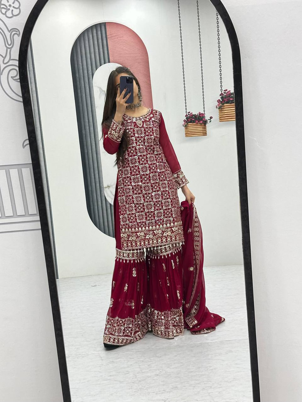 Maroon Georgette Sharara Dupatta Set