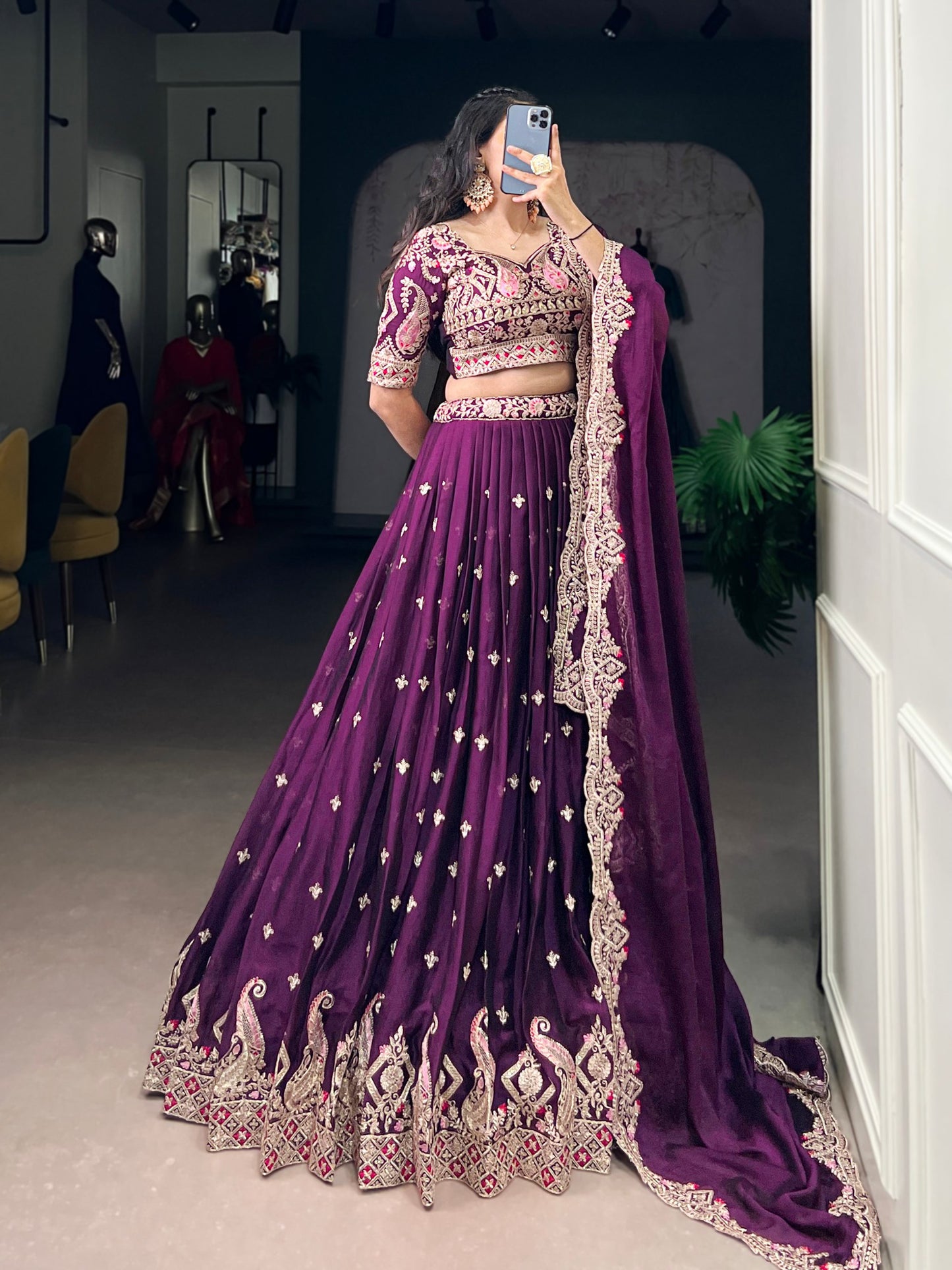 Wine Color Rangoli Crush Lehenga Choli Set
