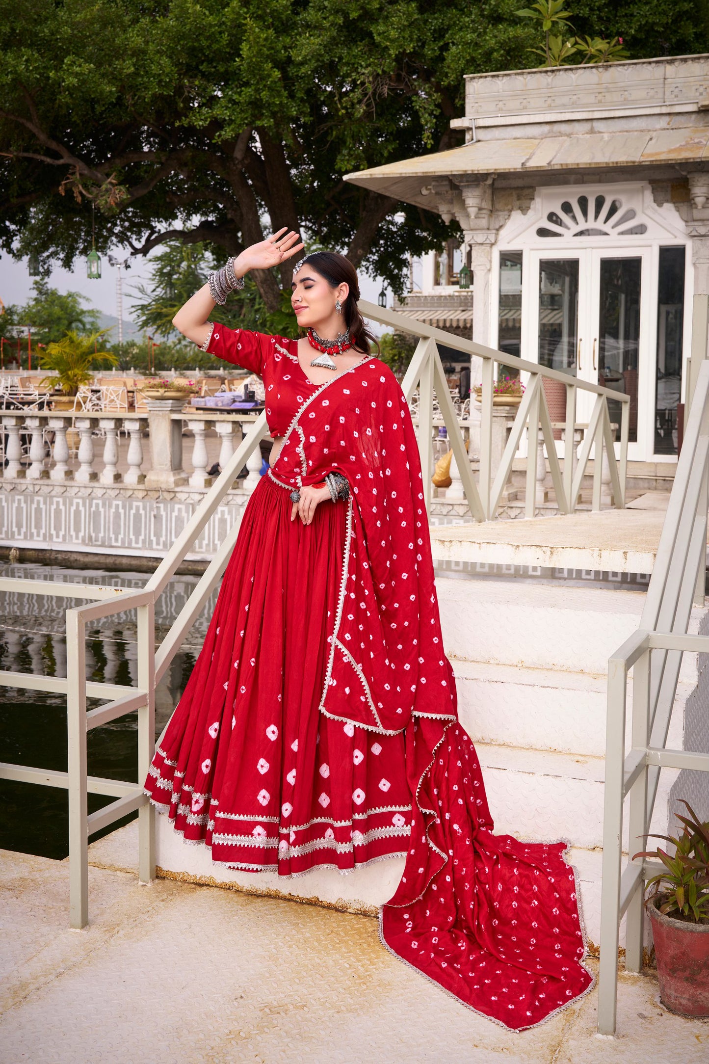 Red Pure Chanderi Bandhej Print Lehenga Choli