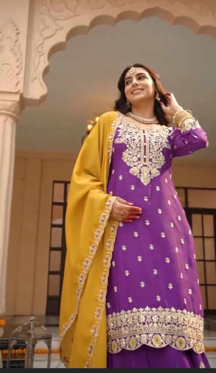 Purple Heavy Embroidered  Silk Top Palazzo & Dupatta Set