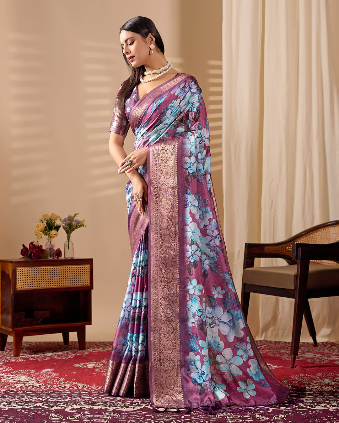 Soft Lichi Silk Saree Beautifully Enhanced With Large Blooming Floral Prints