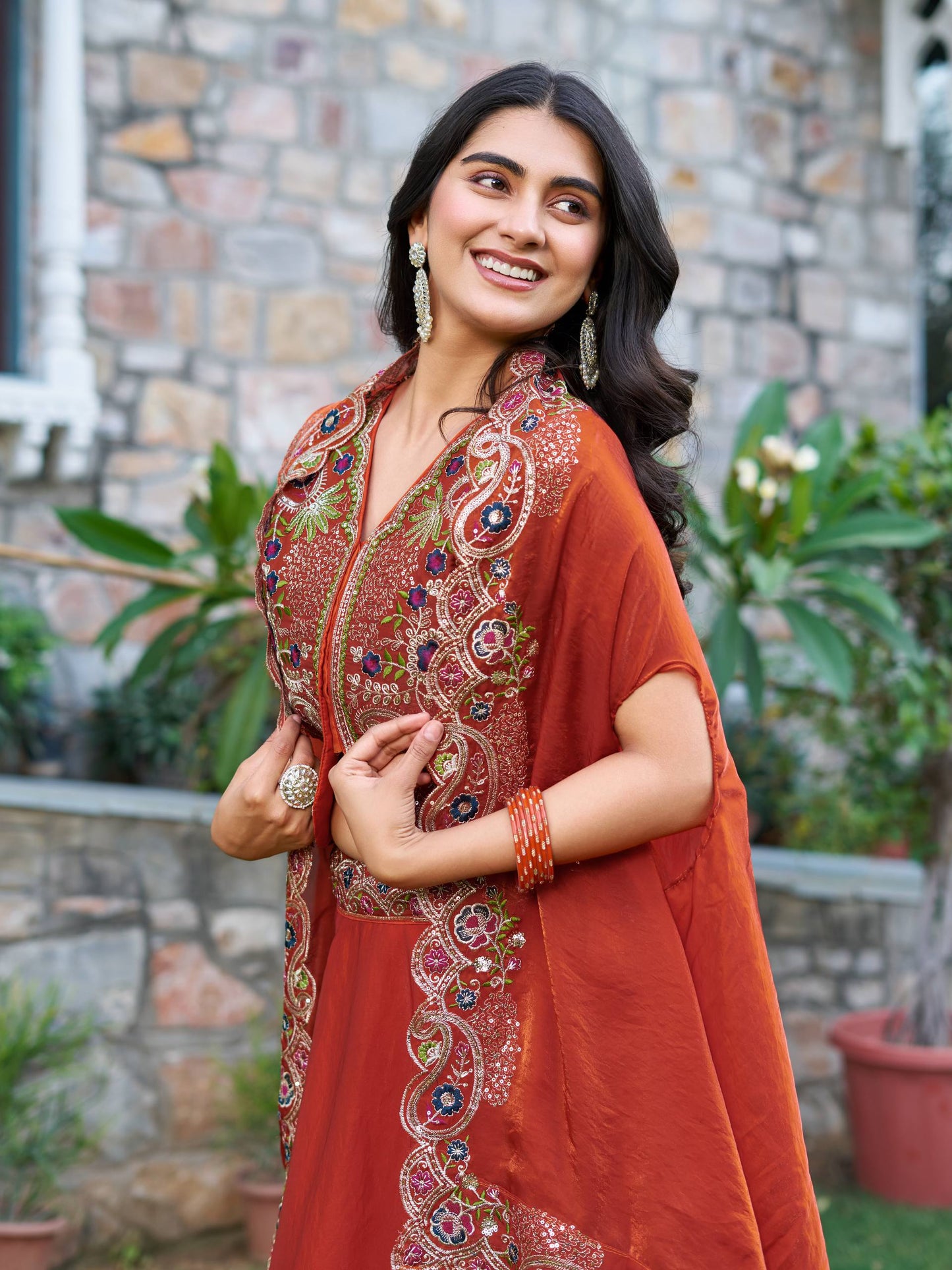 Rust Orange Silk Thread Work Lehenga Set