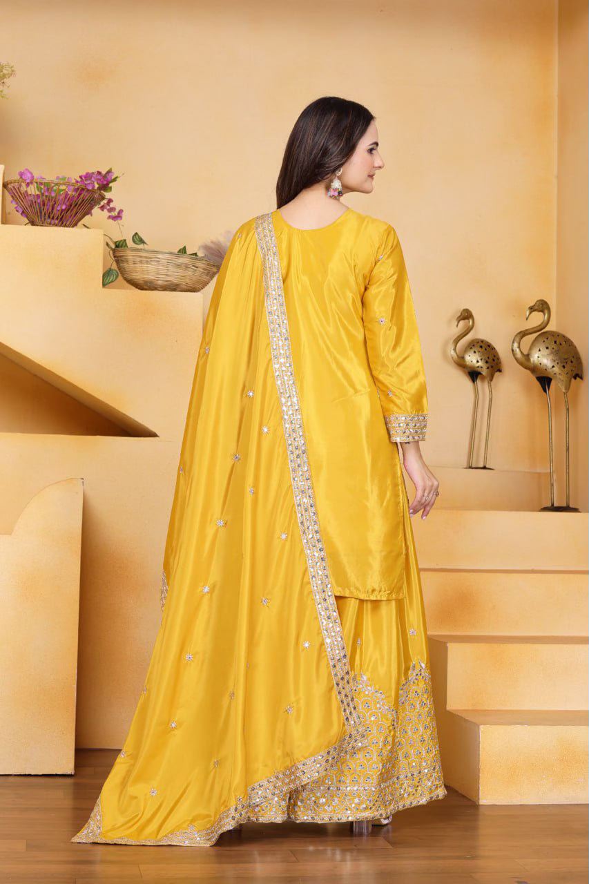 Designer Embroidered Natural Crep Sharara Suit