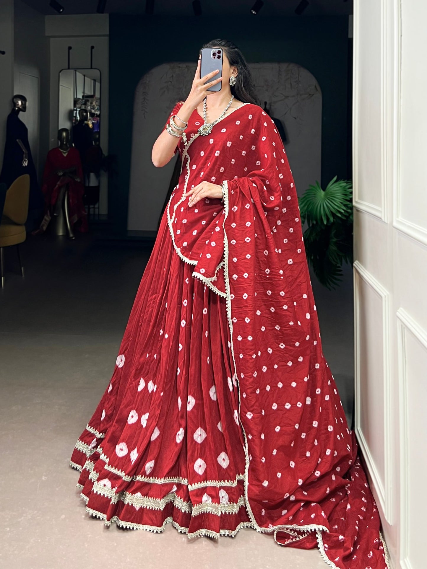 Deep Red Pure Chanderi Bandhej Print Lehenga Choli