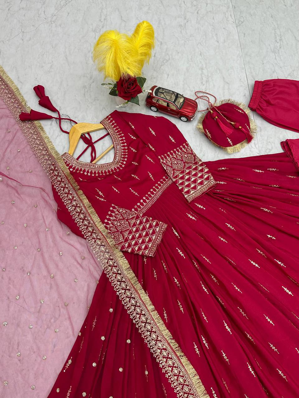 Red Designer Party Wear Gown with Dupatta Set
