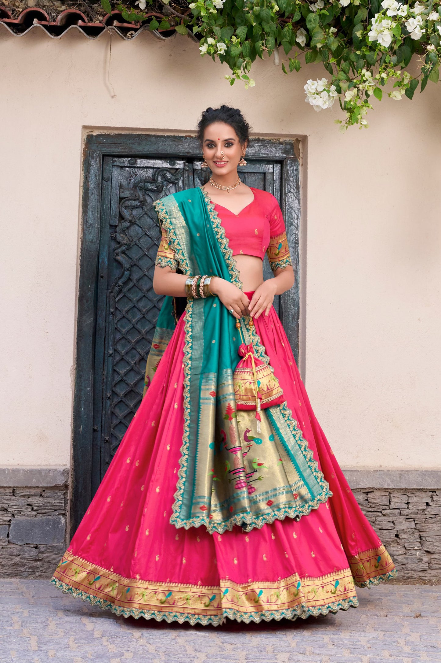 Florescent Pink Silk Paithani Lehenga Choli