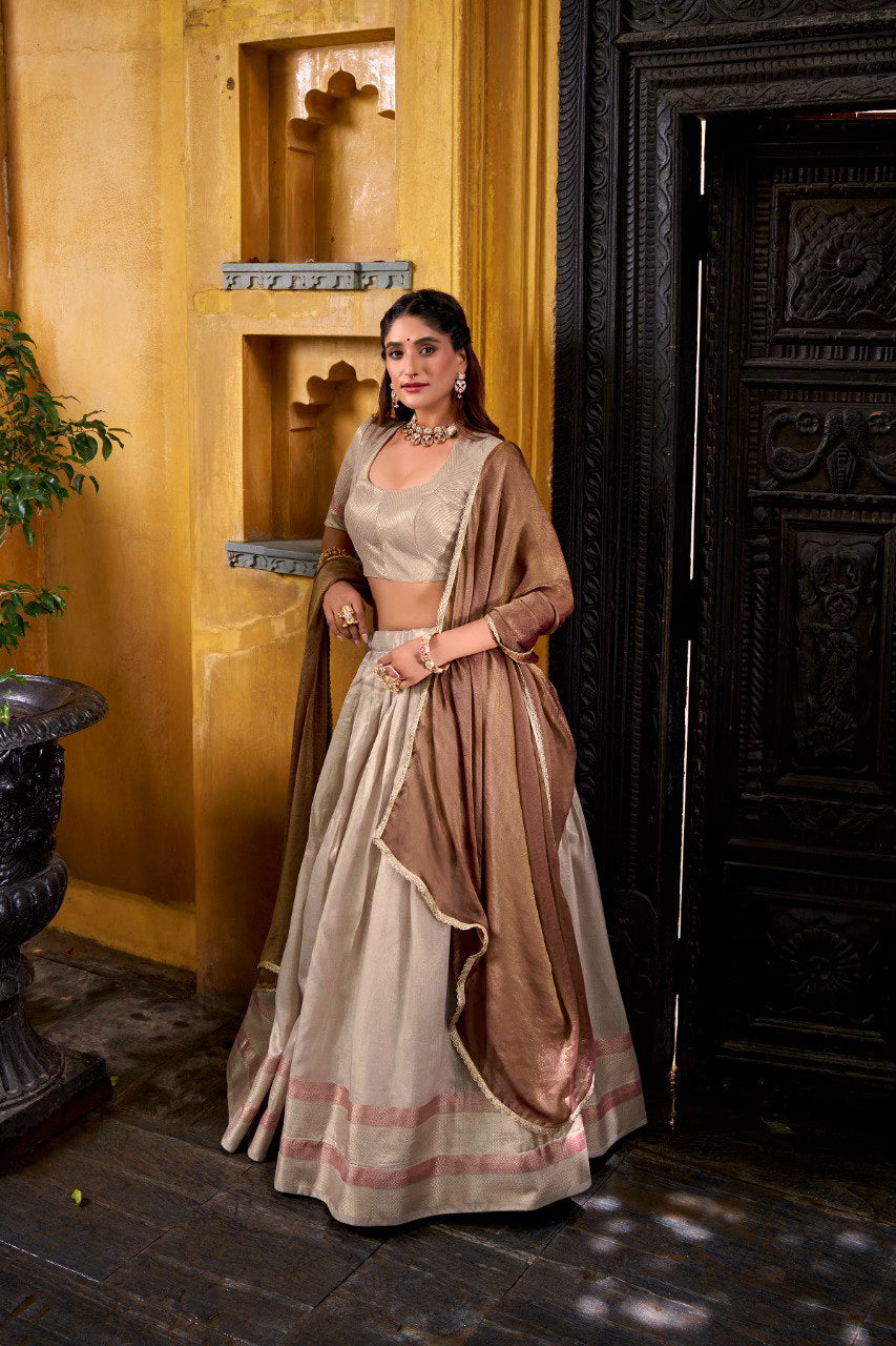 Beige-Brown Silk Zari Weaving Work Lehenga Choli