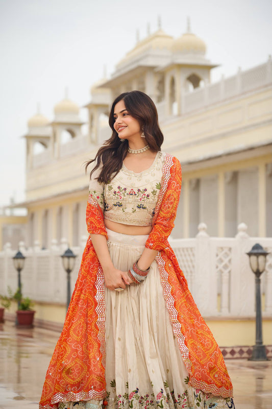 Heavy Thread Work Silk Lehenga Choli with Pure Bandhej Georgette Dupatta