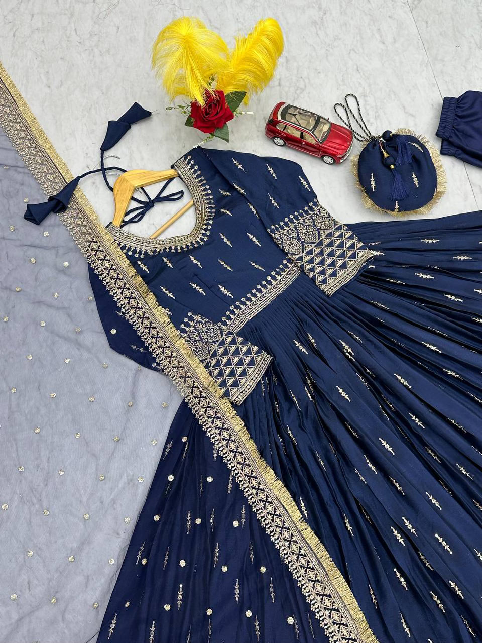 Royal Blue Heavy Designer Party Wear Gown Dupatta& Bottom Set